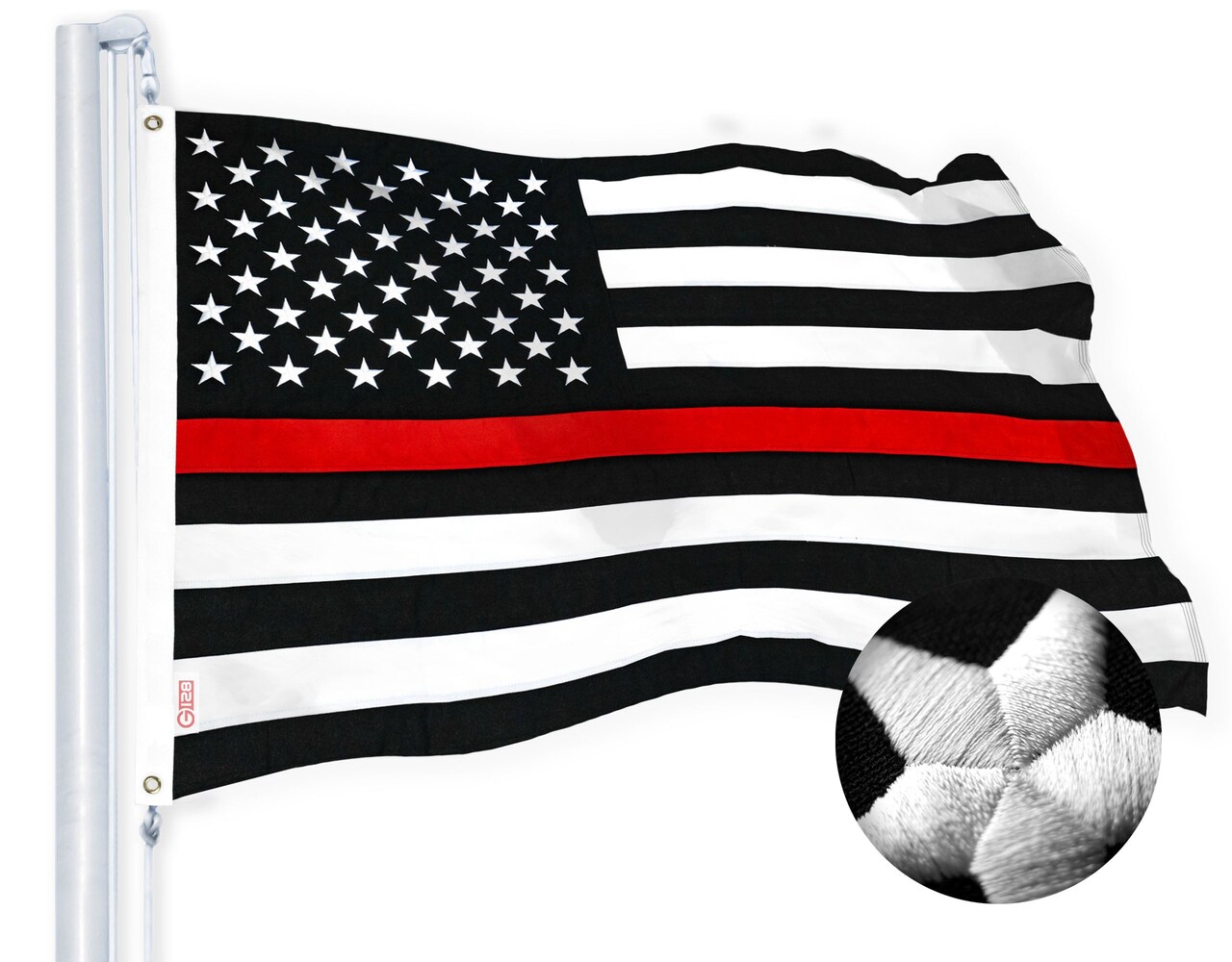 G128 - Thin Red Line Flag Embroidered 2x3 FT Heavy Duty 220GSM Tough Spun Polyester U.S. American Flag Brass Grommets Honoring Fire Fighters and EMTs Black White and Red US Flag